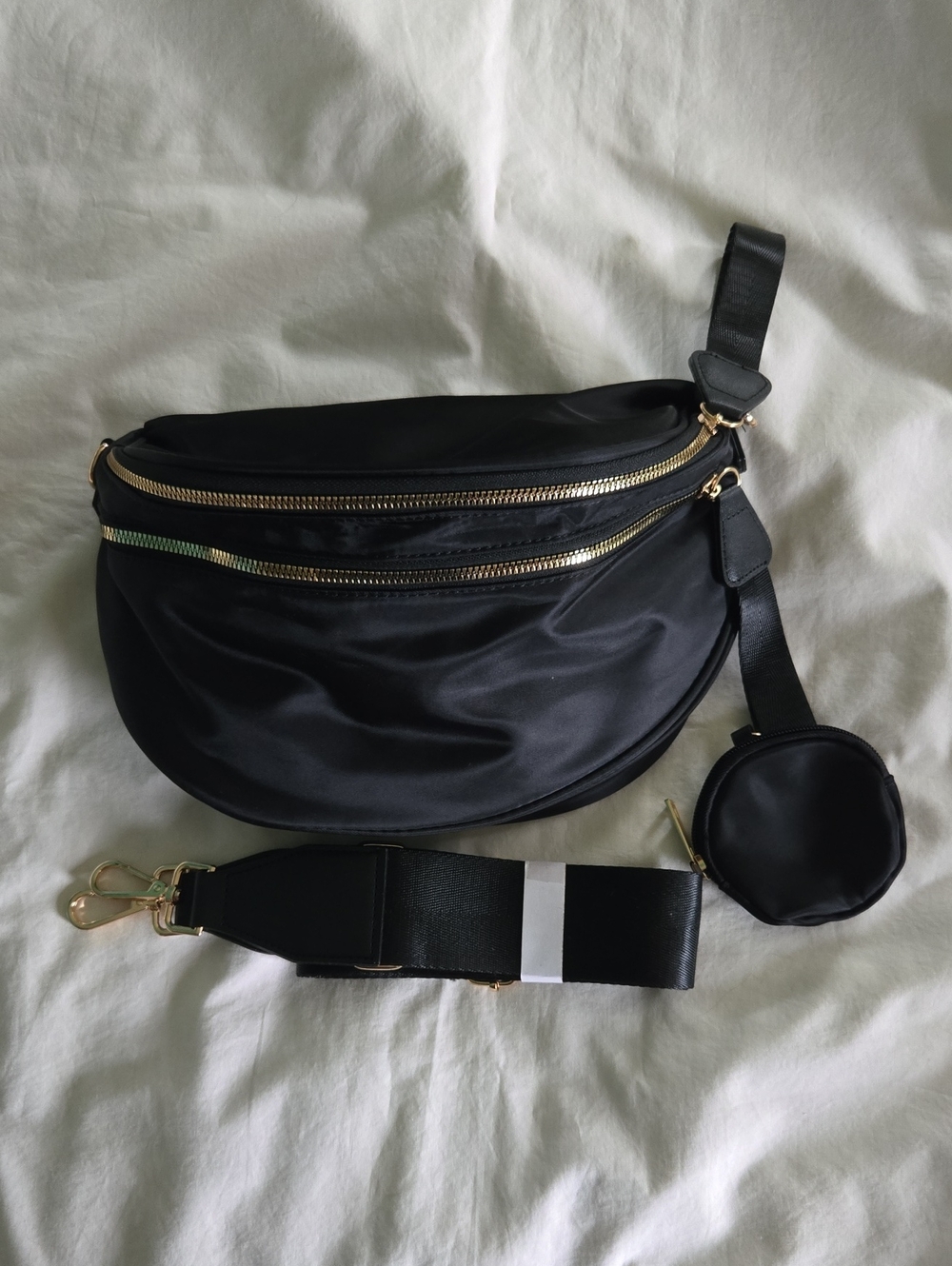 Black Nylin Crossbody Bag/Bum Bag with Gold Zippers